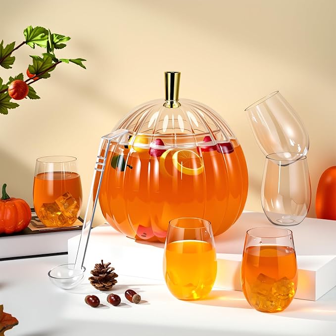 Meanplan 1.3 Gallon Thanksgiving Plastic Punch Bowl Set with 6 Clear Plastic Cups and 1 Ladle Pumpkin Shaped Punch Bowl Fall Harvest Kitchen Decoration for Fall Autumn Party Supplies
