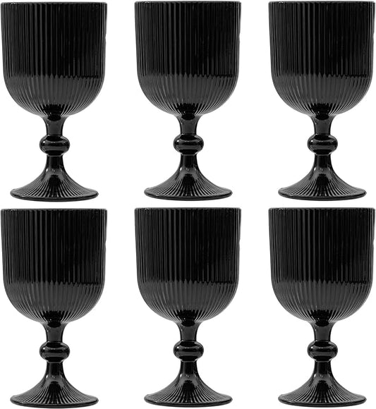 Black Vintage Wine Glasses Set of 6, 11 Ounces Colored Glass Water Goblets, Unique Embossed Pattern High Clear Stemmed Glassware Wedding Party Bar Glass Drinking Cups Fancy Glasses Hand Wash Only