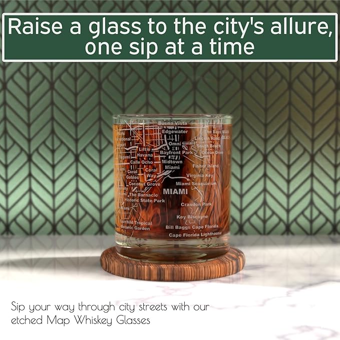 Greenline Goods Whiskey Glasses - 10 Oz Tumbler Set for Miami lovers, Etched with Miami City Map Old Fashioned Rocks Glass - Set of 2