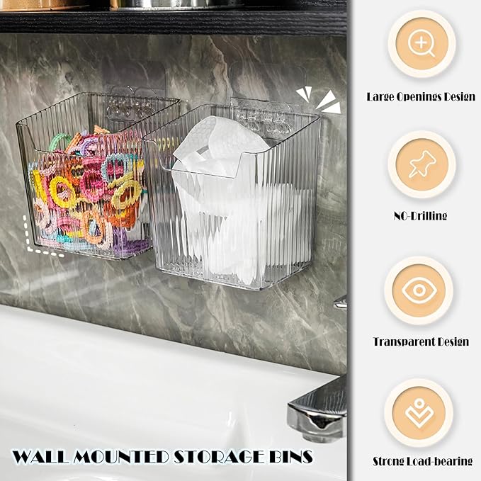 4 Pack Wall Organizers and Storage - Clear Acrylic Cabinet Door Organizer Bins, Adhesive Remote Control Holder, Space-Saving Stackable Wall Storage for Bathroom, Kitchen, Pantry, RV, Dorm, Office