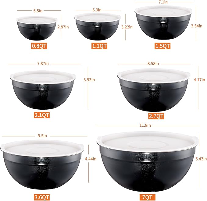 Black Mixing Bowls With Airtight Lids,Stainless Steel Bowl,Salad Bowls 7 Piece Colorful Nesting Bowl Black Kitchen Accessories,Size 7,3.6,2.7,2.1,1.5,1.1,0.8QT Stackable Design