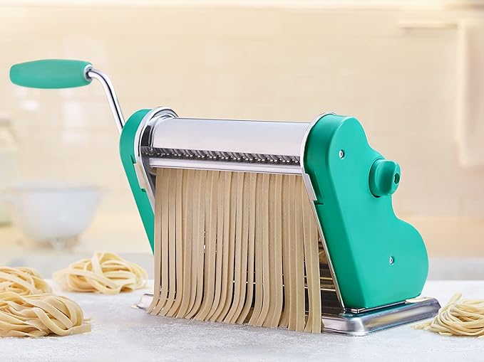 PASTALINDAClassic 200 Pasta Maker Machine, 20 cm Wide Rollers, 9 Thickness Positions, 2 Cutting Positions, Stainless Steel. Includes Reinforced Hand Crank And Two Clamps (Green)
