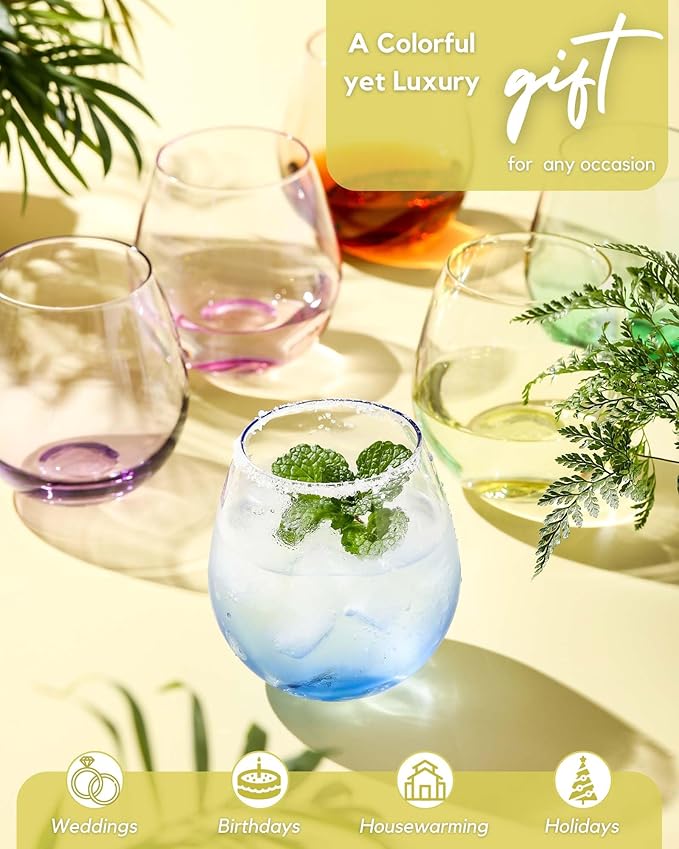 ColoVie Stemless Wine Glasses Set of 6, Large Colored Wine Glasses, Short Wine Glass Set for Red Wine, White, Red, No Stem Margarita Glasses, 15 oz