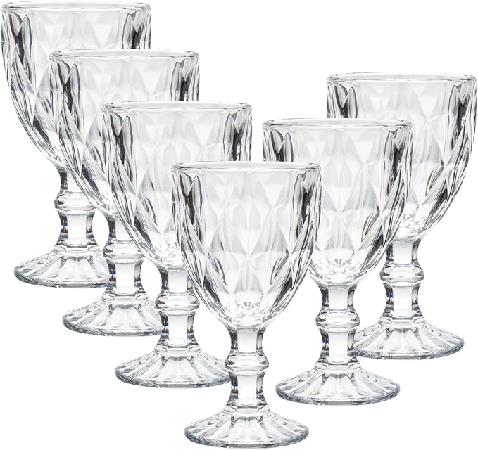 Beille Set of 6 Clear Carved Goblet Water Glasses Home Decor Entertaining Essentials Glassware, 10oz