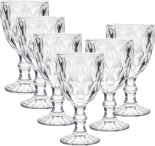 Beille Set of 6 Clear Carved Goblet Water Glasses Home Decor Entertaining Essentials Glassware, 10oz