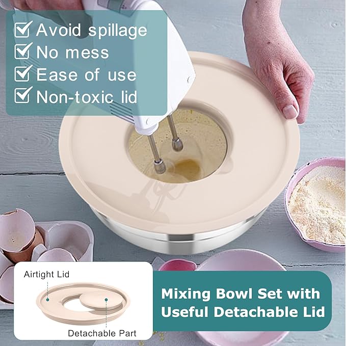 TeamFar Mixing Bowls, 5PCS Stainless Steel Nesting Salad Bowl with Lid & 3 Grater Attachments, for Prepping/Serving/Storing Food, Nontoxic, Airtight Lid & Non-slip Bottom - 4.6/3.5/2.5/1.5/1 QT