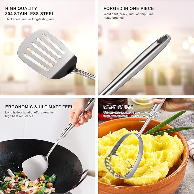 304 Stainless Steel Cooking Utensils Set, Stainless Steel Kitchen Utensils, 12 PCS Long Large Metal Cooking Utensil Tools Set, Potato Masher, Fork, Tongs, Pasta, etc (Dishwasher Safe)