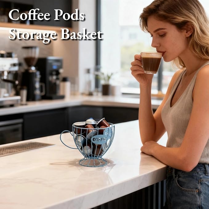 Metal Coffee Pod Holder Wire Coffee Pods Storage Basket Espresso Capsule Storage for Home Kitchen Cafe Hotel (08 Blue cup)