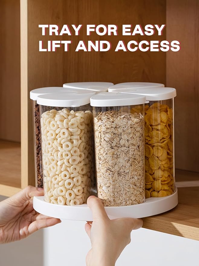 LivLab Mker 5-10 lbs Rice Dispenser - Rotating Cereal dispenser countertop for Pantry - Small Food Storage Containers with Lids, BPA-Free PET Grain Canister Sets 6 Grids, for Oats, Corn Flakes, flour