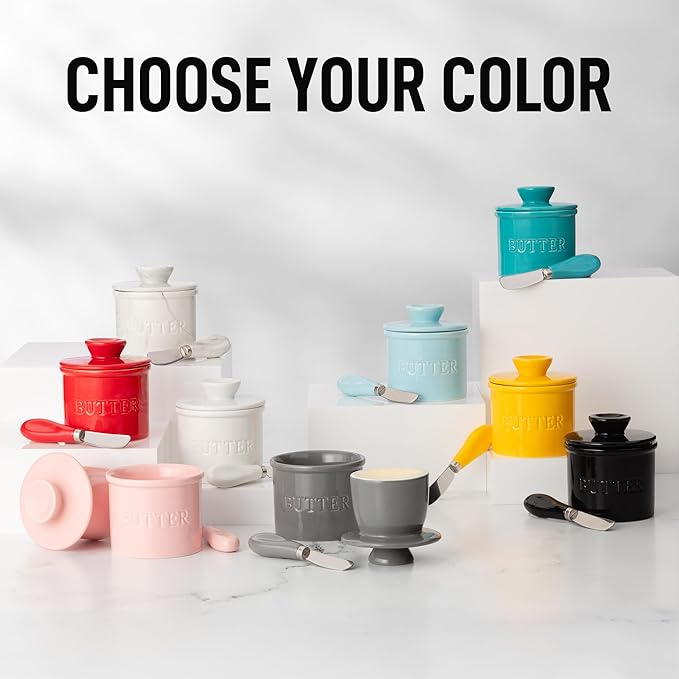 Zulay Kitchen Butter Crock With Lid & Spreader Knife for Countertop - Ceramic French Butter Dish Keeper For Fresh & Spreadable Butter - Cypress Green