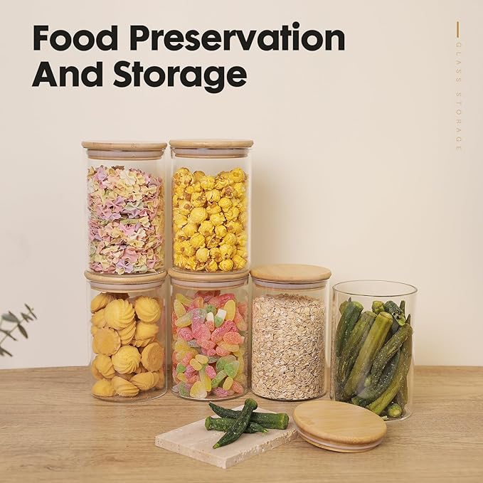 YUNCANG Glass Food Storage Jars 37oz [Set of 6],Clear Glass Food Storage Containers with Airtight Bamboo Lid Stackable Kitchen Canisters for Candy,Cookie,Rice,Sugar,Flour,Pasta