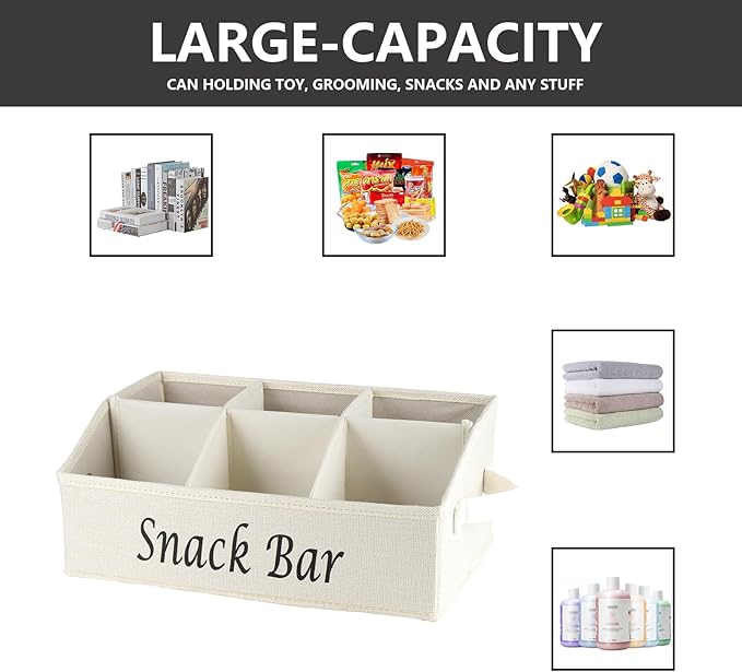 Snack Organizer for Countertop, Fabric Snack Organizer with Handles, 6 Compartment Snack Box Container Snack Basket, Snack Bar Station Organizer, Kitchen Pantry Organizer and Storage - Beige