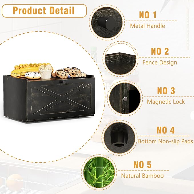 Bamboo Bread Box for Kitchen Counter Farmhouse Bread Storage Container Large Capacity Bread Storage Bin Bread Holder (Antique Back)