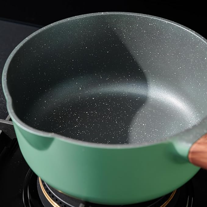 2 Quart Nonstick Saucepan with Lid, Non Stick Ceramic Saucepan Pot for Cooking with Pour Spout and Handle for Stove, Induction, Gas, Non Toxic, PFOA Free (Green with Black Inside, 1 PCS)