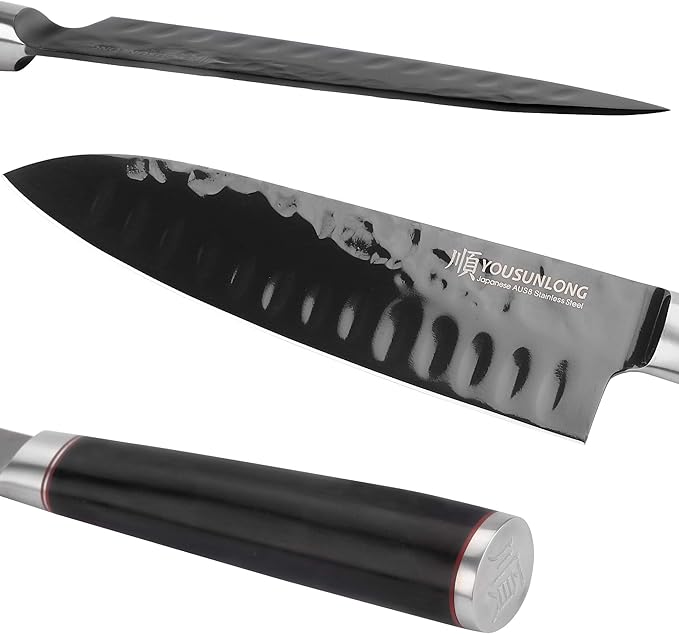 YOUSUNLONG Santoku Knife - 7 Inch Kitchen Knife Chef Knife -Japanese AUS8 Black Titanium Nitride Coated Steel - Natural Leadwood Handle