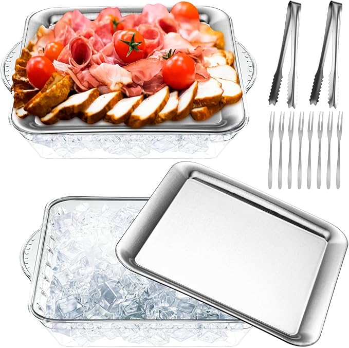 Baderke 9" Chilled Serving Tray for Parties with Compartments Ice Chilled Party Platter Charcuterie Serving Board Cold Dish Dip with Forks Tongs for Fruit Seafood Vegetable Appetizer(Silver,2 Set)