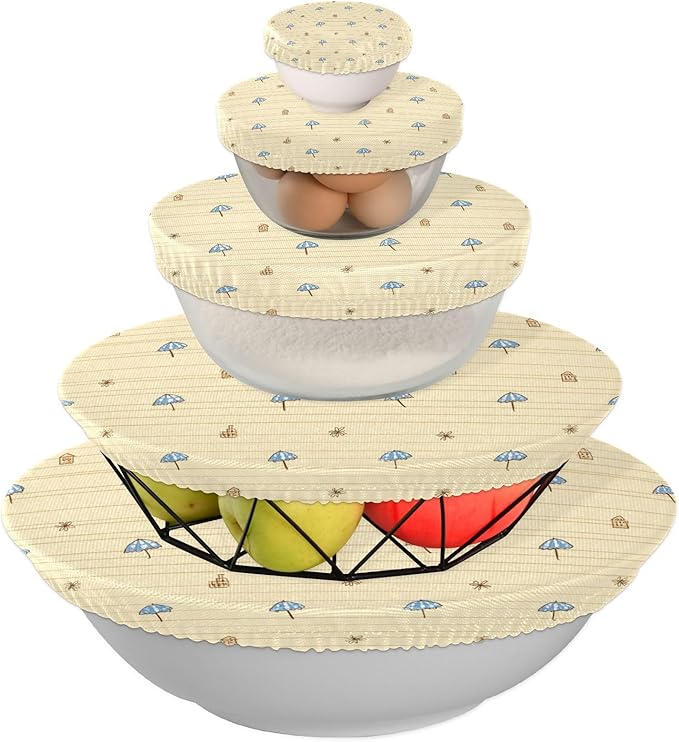 5 Pcs Bowl Covers Reusable in 5 Size Elastic Food Cover Cloth Lids Fresh Keeping Dish Cookware Bakeware Fabric Covers Lids for Food Leftovers Fruits Storage Light Beige Blue Brown Mini Umbr