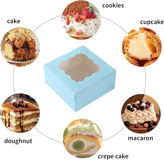 6x6x3 Inches Small Cake Box with Window, Bakery Box, Pastry Boxes, Cookie Boxes, Mini Pie Box for Pastry,Dessert,Strawberries,Chocolates, Cupcakes with paper stickers (Baby Blue/36pcs)