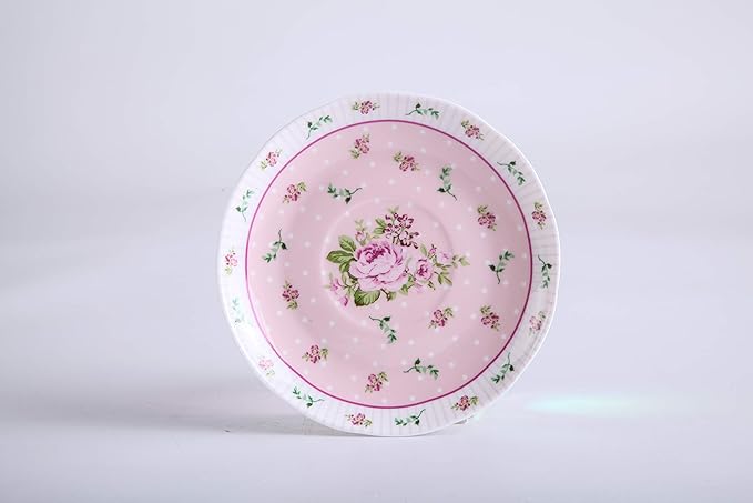 London Boutique Coffee Tea Cup and Saucer Set 4 Shabby Chic Vintage Porcelain Bird Butterfly Flora Gift Box 7.5OZ (Rose Pink)