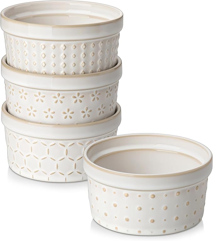 MALACASA Ramekins 8 Oz Oven Safe, Ceramic Creme Brulee Souffle Dishes, Pudding Custard Cups Ramekin For Baking, Small Dipping Sauce Bowls, Set of 4, Microwave and Dishwasher Safe, Arctic White