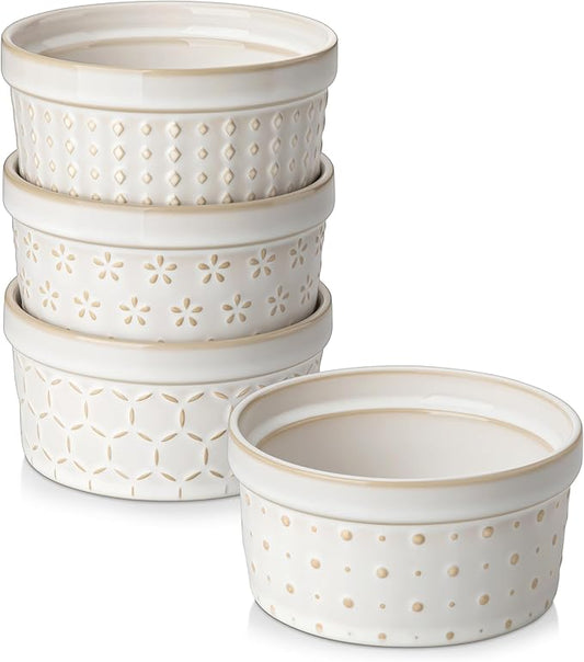 MALACASA Ramekins 8 Oz Oven Safe, Ceramic Creme Brulee Souffle Dishes, Pudding Custard Cups Ramekin For Baking, Small Dipping Sauce Bowls, Set of 4, Microwave and Dishwasher Safe, Arctic White