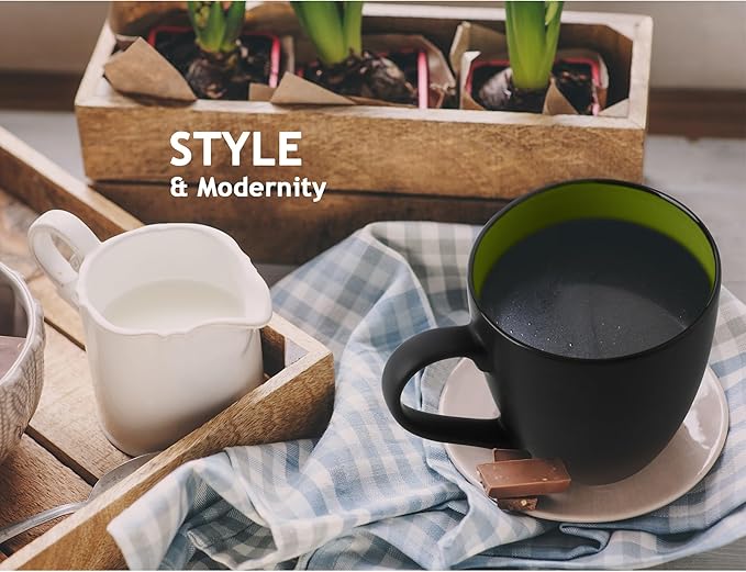 MIAMIO - Set of 6 Stoneware Coffee Mugs 12 Ounce/Cup Set - Le Papillon Collection (Black-Green)