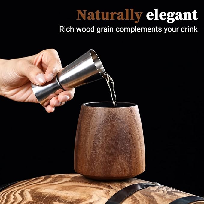 Acacia Wood Whiskey Glass – Premium Handcrafted Bourbon Tumbler with Charred Interior | Old Fashioned Whiskey Glass for Whiskey Lovers | Luxury Christmas & Birthday Gift for Men, Dad, Husband (4Pcs)