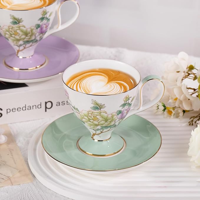 KAMMAK Ceramic Tea Cup and Saucer Set with Gold Trim, 240ml Floral Pattern Elegant Bone China Coffee Cup Set with Purple & Mint Green Saucers for Afternoon Tea, Gift for Women
