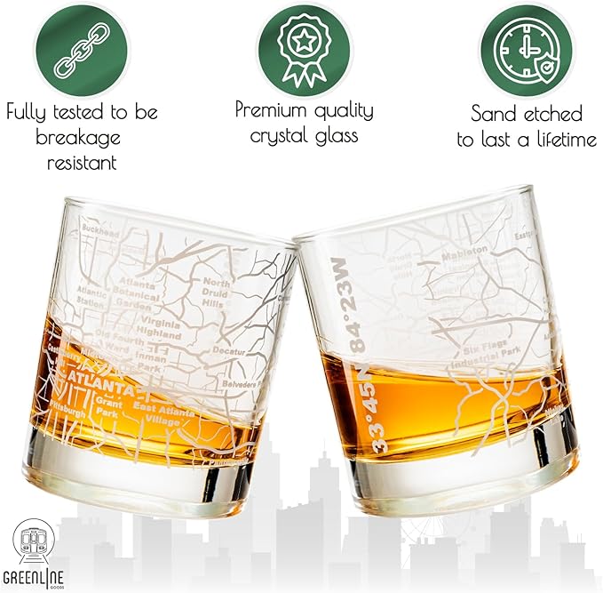 Greenline Goods Whiskey Glasses - 10 Oz Tumbler Gift Set for Atlanta lovers, Etched with Atlanta Map | Old Fashioned Rocks Glass - Set of 2