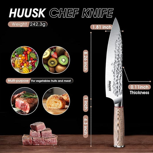 Huusk Chef Knife 8-inch,Professional Hand Forged High Carbon Steel Japanese Gyutou Chef Knives,Kitchen Cooking Knife for Meat Vegetables Cutting,Chef Gift for Men Women