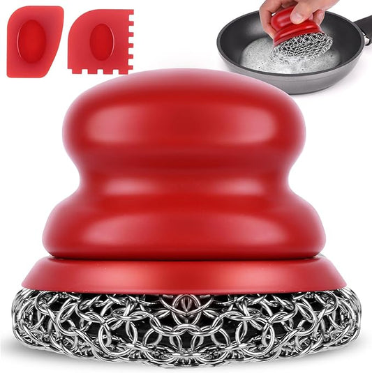 Onewly Cast Iron Scrubber and Scraper, Chain Mail Scrubber Cast Iron for Cleaning Dishes, Stock Pots, Pans, Griddles, Grills, Dish Scouring Pads