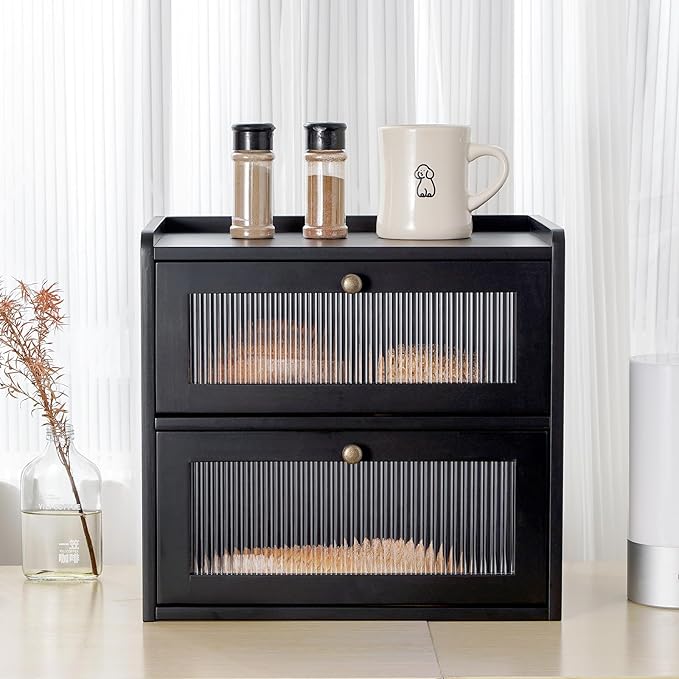 Sunhoo Bread Box for Kitchen Countertop Wooden Bread Storage Container Bin 2 Layer Breadbox Holder Large Capacity Keeper Vintage Farmhouse Food Organizer Pantry Shelf Acrylic Window（Black）