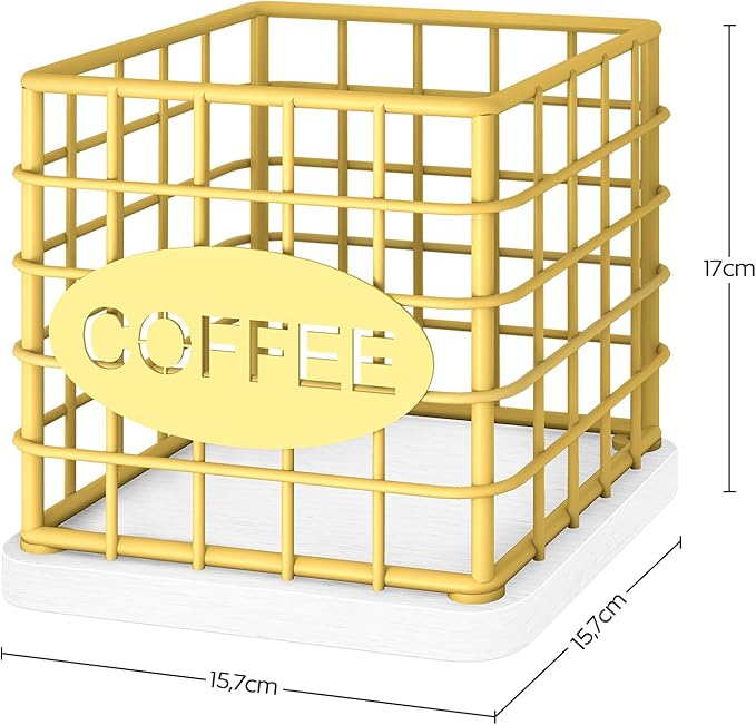 Coffee Pod Holder Organizer, Large Capacity Coffee Pod Basket for K Cup, Coffee Capsule Storage Basket with Wooden Base, for Kitchen Countertop, Gold and White KH10DW