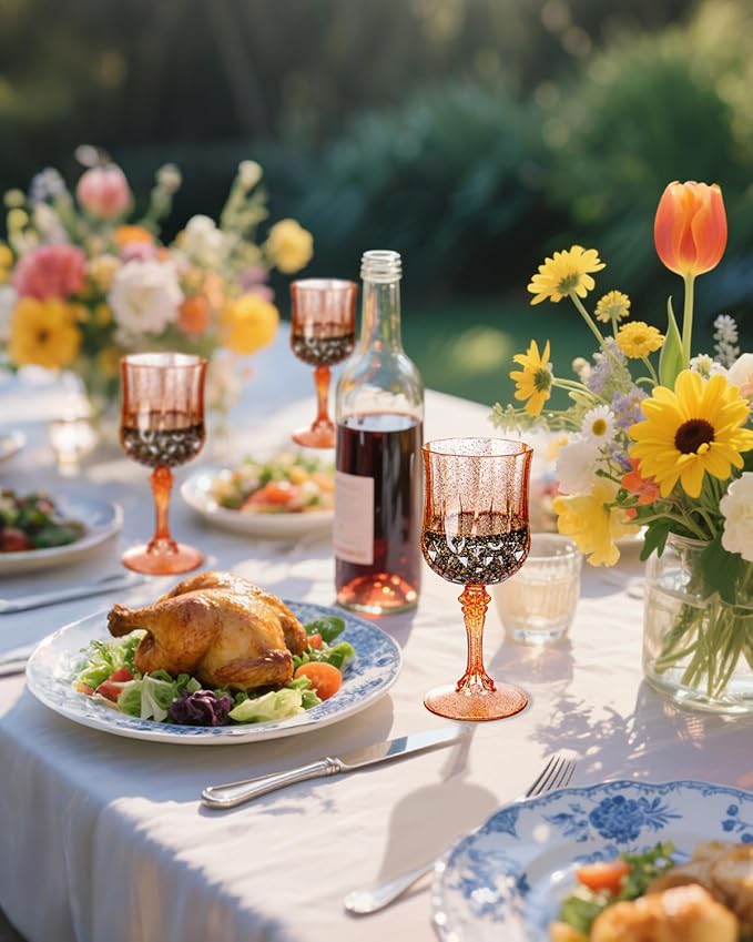 Ciaell 24PCS Rose Gold with Glitter Plastic Wine Glasses - 7 Oz Vintage Drinking Glasses with Rose Gold Glitter - Disposable Water Goblets Set for Party Wedding, Bar, Wine, Beer & Thanksgiving