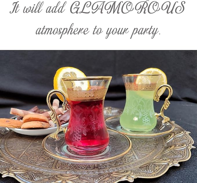 Gold Vintage Turkish Moroccan Persian Arabic Tea Glasses Cups and Saucers Set of 6 Drinking Glassware Party Adults Fancy Coffee Drinks Kettle Women Teacup Handle Drinkware Teapot