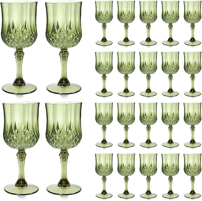 24 Pcs 7oz Plastic Wine Glasses Cup, Crystal Unbreakable Water Goblet, Plastic Vintage Green Goblets Glassware Drinking Glasses for parties Baby Shower Wedding Reception Grand Event Party (Dark Green)