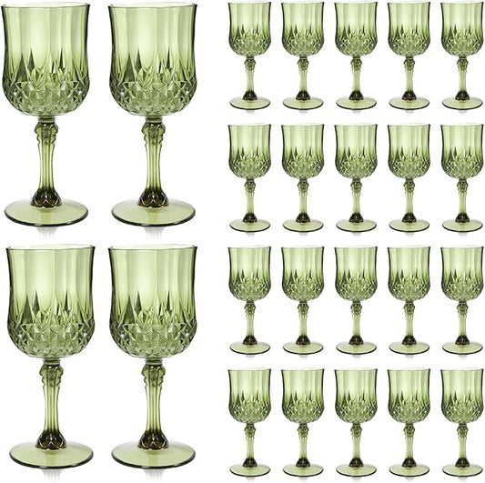 24 Pcs 7oz Plastic Wine Glasses Cup, Crystal Unbreakable Water Goblet, Plastic Vintage Green Goblets Glassware Drinking Glasses for parties Baby Shower Wedding Reception Grand Event Party (Dark Green)