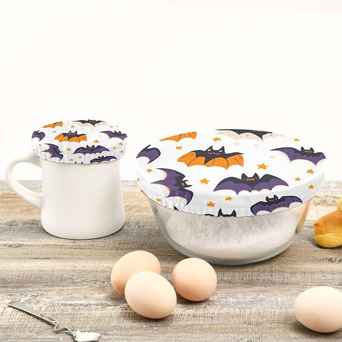 5 Pcs Bowl Covers Reusable in 5 Size Elastic Food Cover Cloth Lids Fresh Keeping Dish Cookware Bakeware Fabric Covers Lids for Food Leftovers Fruits Storage White Halloween Bats and Stars