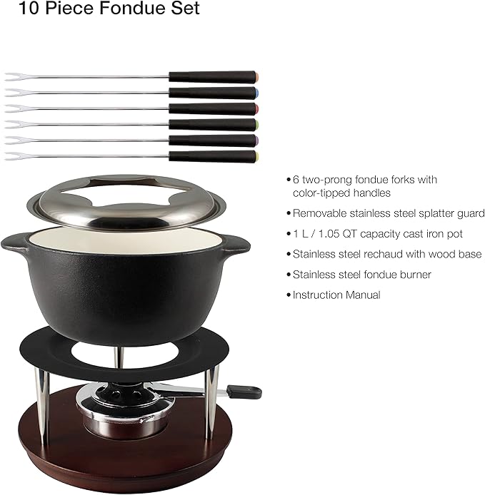 Swissmar Summit 10-Piece Matte Black Cast Iron Fondue Set - Ideal for Melting Cheese, Chocolate, Butter, & More - Perfect for Kitchen Collection & Wedding Gift Giving - 1Liter / 1.05 Quart