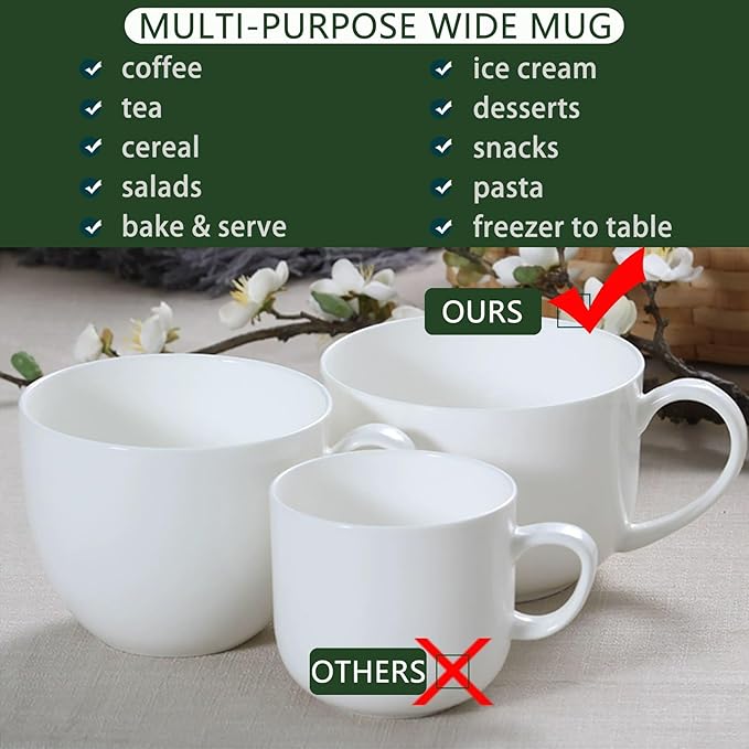 Chulan Large Luxury Bone China Cereal Mugs, White Porcelain Coffee Mugs Set of 2, 25oz Lightweight Ceramic Cups for Soup Fruit Salads Yogurt Pasta with Handles, Microwave Safe & Dishwasher Safe