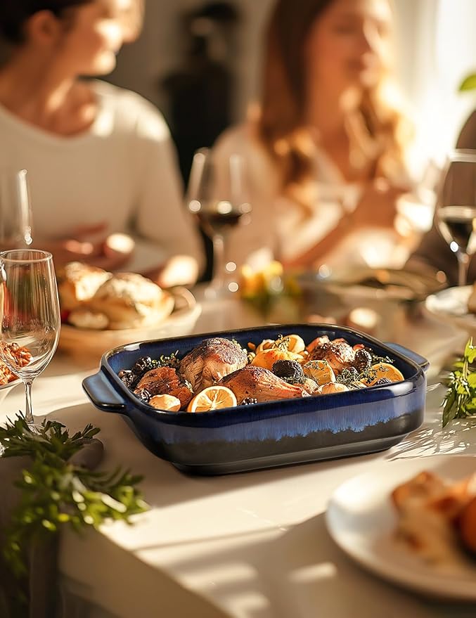 8x8 Baking Pan Ceramic Square Baking Dish Lasagna Pan with Double Handles Deep Casserole Dish for Brownie, Lasagna, Roasting and Great for Kitchen Decor (Reactive Glaze Blue)