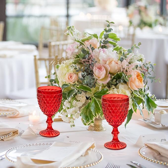 24 Pcs Vintage Wine Glasses, 10 Ounce Colored Glass Water Goblets, Unique Embossed Pattern High Clear Stemmed Glassware Wedding Party Bar Glass Drinking Cups, Diamond Red Glasses Set of 24