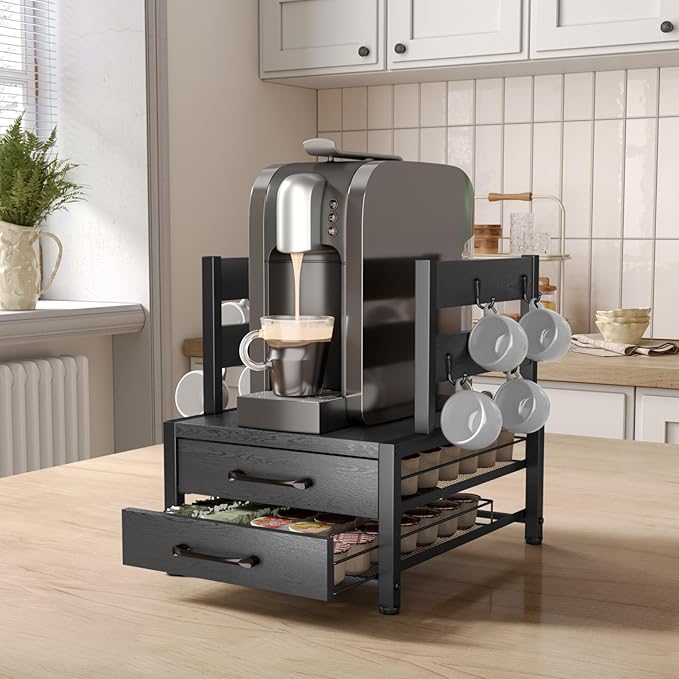 K Cup Holder Drawer - K Cup Storage Organizer, Coffee Pod Drawer with Hooks, Durable Iron-Wood Design, Space-Saving Coffee Station Organizer for Kitchen Counter