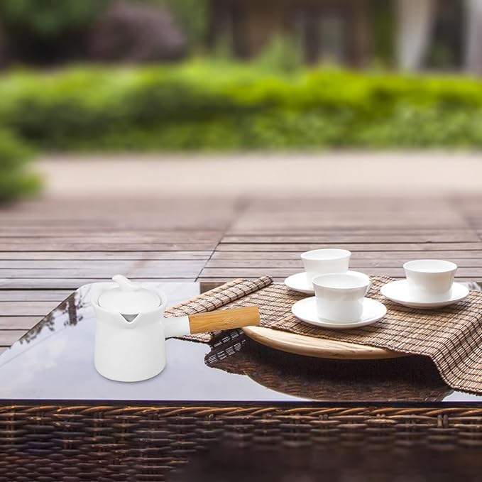 Ciieeo Enamel Milk Pot 350ml Mini Butter Warmer Non-stick Milk Heating Pot Small Enamelware Saucepan with Wood Handle and Lid for Heating Liquid Portions White