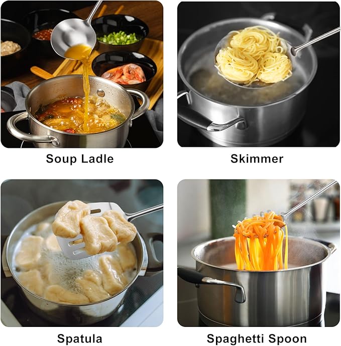 304 Stainless Steel Cooking Utensils Set, 9 PCS Metal Kitchen Utensils Set, Serving Spoon, Spaghetti Spoon, Skimmer, Meat Fork etc (Dishwasher Safe)