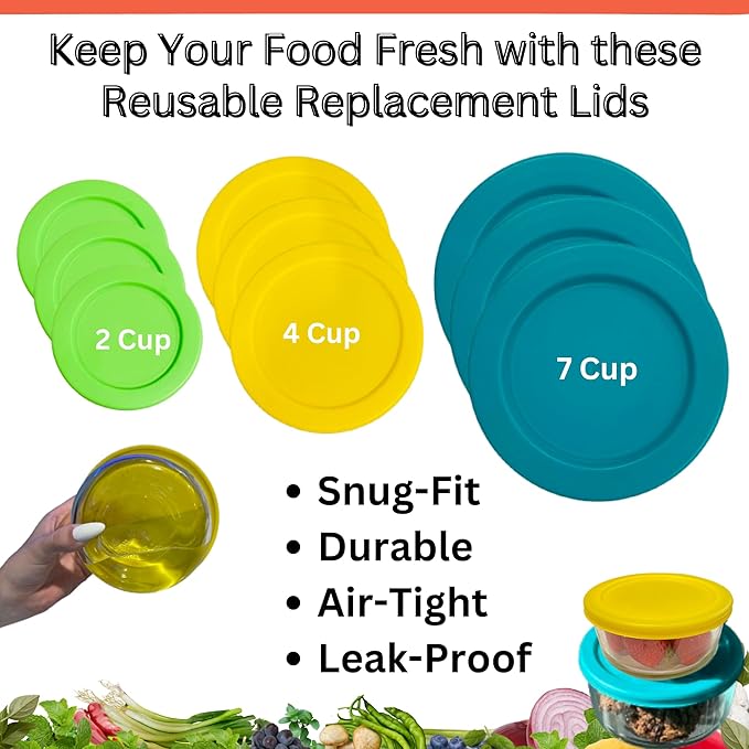 2, 4 & 7 Cup Spring Green, Yellow, Turquoise Replacement Lids/Covers for Pyrex, Anchor Hocking & KlareWare Storage Bowls *Lids Only Glass Container Not Included* (9 Pack *Three of Each Size*)