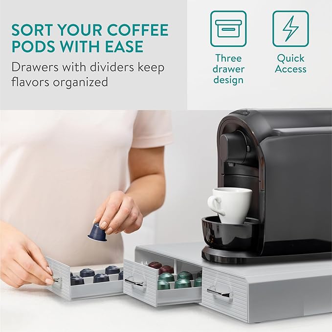 Navaris Coffee Capsule Triple Drawer - Coffee Pod Storage Drawer - Space-Saving Coffee Pods Organizer for Your Kitchen - Coffee Holder for Countertop - Fits Up to 48 Cups -Gray