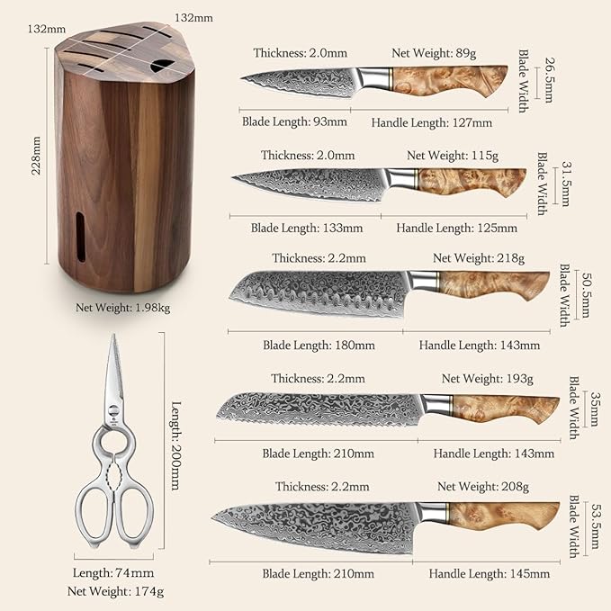HEZHEN 7PCS Kitchen Knives Set - Professional Forging Damascus High Carbon Steel Chef Knife, Santoku, Bread, Utility, Fruit Knives & Multifunctional Kitchen Scissors - 6Slot Black Walnut Block