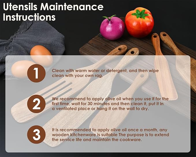 Wooden Spurtle Kit 5 Pieces Teak Wood Spoons Kitchen Tools for Nonstick Cookware, Salad Strainer and Making Cake