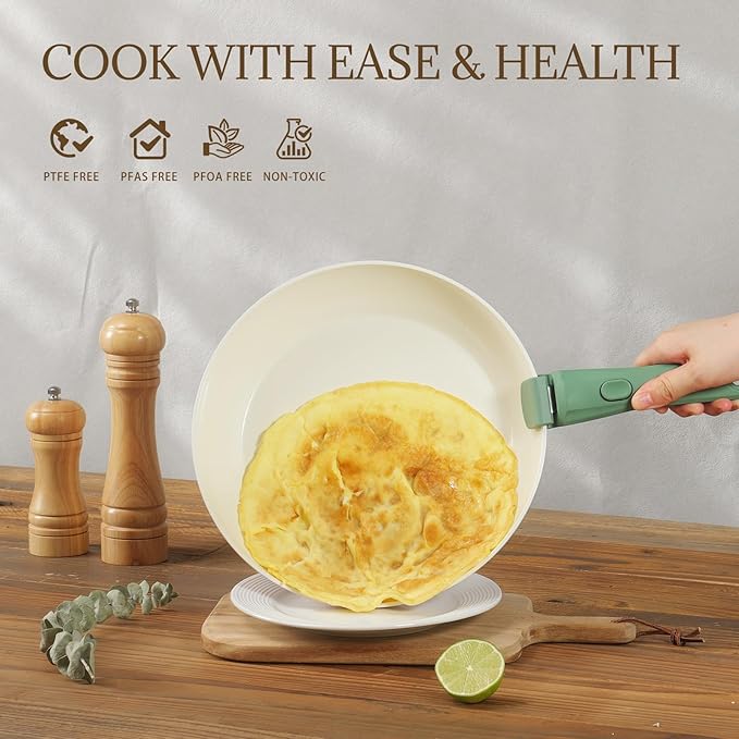 Ceramic Cookware Set 23Pcs Non Stick Pots and Pans Non Toxic with Detachable Handle Induction Kitchen Cookware Set Space Saving, Oven & Dishwasher Safe, Forest Green
